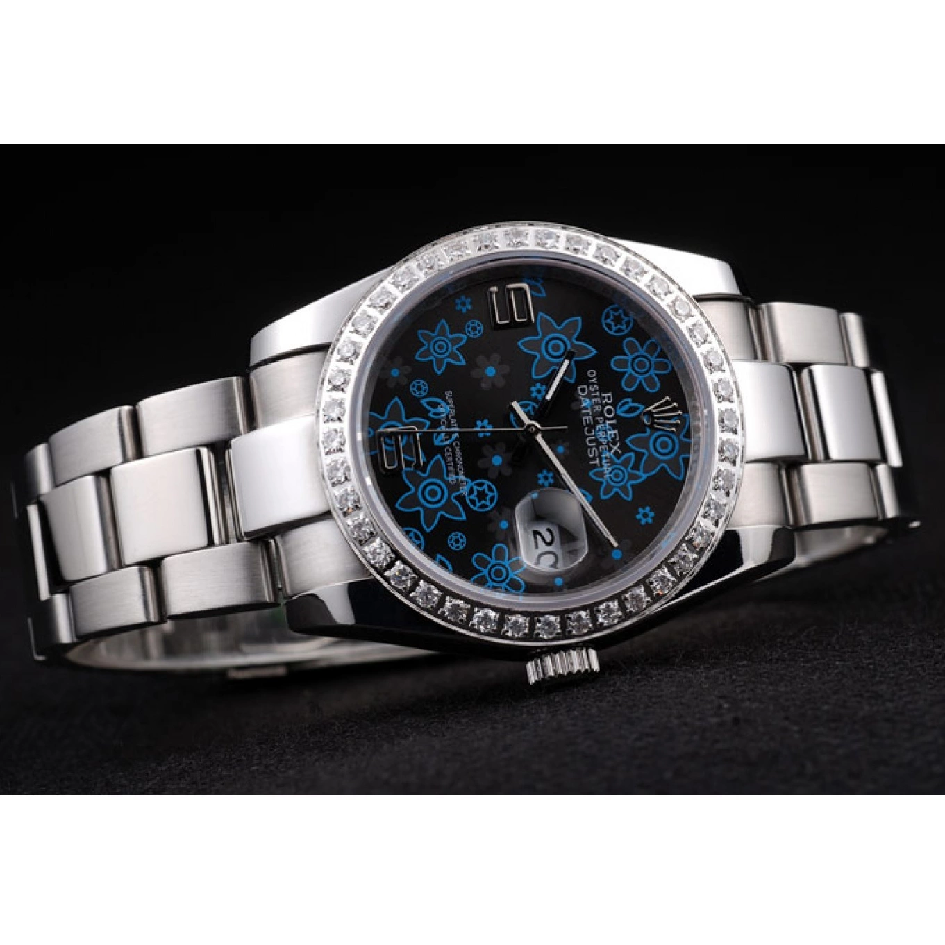 Good copy rolex watches Dial Datejust Blue Stainless Steel Dark Plated Flowers Polished Diamond Rolex 0717